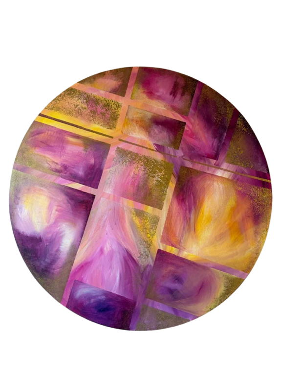 Vibrant mandala painting by Elke Diehl in magenta, gold and violet